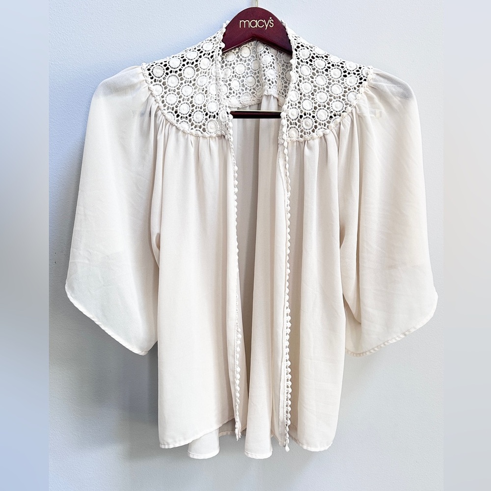 monteau sheer ivory crochet detail open front top size L
